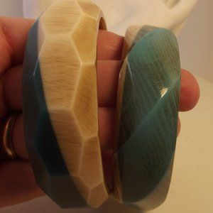 2 Chunky Acrylic Faux Bone Bangle Bracelets Turquoise & Ivory Tones